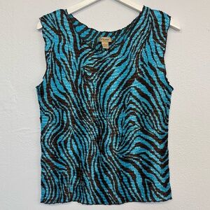 Vintage Y2K Zebra Tank Top Womens L Plissé Crepe Animal Blue Stretchy‎ Going Out